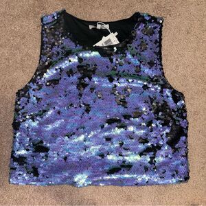 LUCY PARIS NWT Reversible Sequin Crop Tank Blue Black MEDIUM